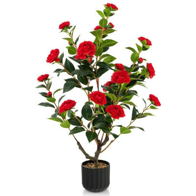 Costway Artificial Camellia Tree Faux Flower Plant Pot Artificial Tree W/ 24 Red Flowers - image 1