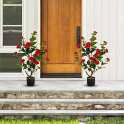 Costway Artificial Camellia Tree Faux Flower Plant Pot Artificial Tree W/ 24 Red Flowers - thumbnail 4