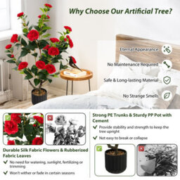 Costway Artificial Camellia Tree Faux Flower Plant Pot Artificial Tree W/ 24 Red Flowers - thumbnail 5