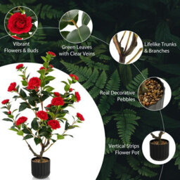 Costway Artificial Camellia Tree Faux Flower Plant Pot Artificial Tree W/ 24 Red Flowers - thumbnail 6