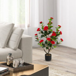 Costway Artificial Camellia Tree Faux Flower Plant Pot Artificial Tree W/ 24 Red Flowers - thumbnail 3