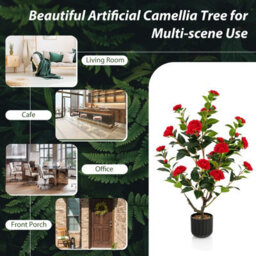 Costway Artificial Camellia Tree Faux Flower Plant Pot Artificial Tree W/ 24 Red Flowers - thumbnail 8