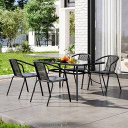 Breeins 5 Piece Black Garden Furniture Set Dining Set Tempered Glass Table Rattan Chairs For Patio Lounge Balcony 150Cm - thumbnail 2