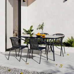 Breeins 5 Piece Black Garden Furniture Set Dining Set Tempered Glass Table Rattan Chairs For Patio Lounge Balcony 150Cm - thumbnail 1