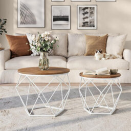 Set Of 2 Round Coffee Tables, Modern End Tables For Sofa, Steel Frame, Removable Top, Honey Brown And Cloud White