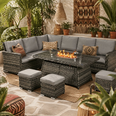Wyld Haus Virire 9-Seater Grey Faux Rattan Garden Sofa Set With Integrated Fire Pit Table - image 1