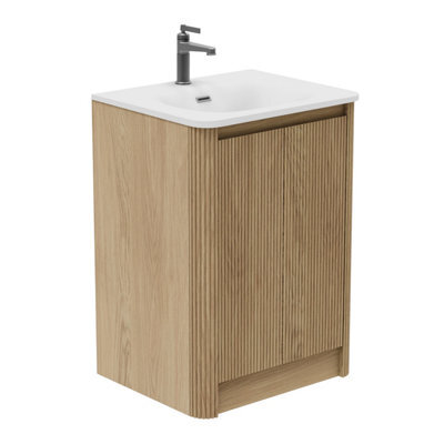 Plum&clay Isla Ribbed Fluted Oak Wood Freestanding Bathroom Vanity Unit & White Basin Set (W)600mm - image 1