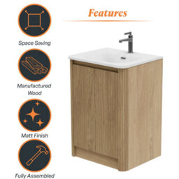 Plum&clay Isla Ribbed Fluted Oak Wood Freestanding Bathroom Vanity Unit & White Basin Set (W)600mm - thumbnail 6
