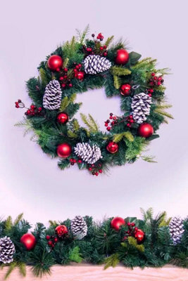 Christmas Tree World 50Cm Decorated Mixed Pine Wreath With Red Baubles - image 1
