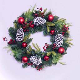 Christmas Tree World 50Cm Decorated Mixed Pine Wreath With Red Baubles - thumbnail 2