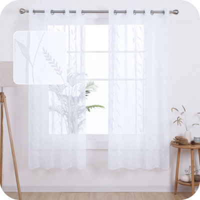 Deconovo Linen Effect Embroidered Voile Curtains Eyelets Sheer Curtains Home Decorative Net Curtains 55 X 72 Inch White 1 Pair