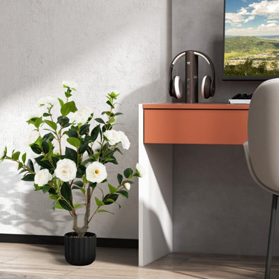 Costway Artificial Camellia Tree Faux Flower Plant Artificial Tree In Cement Pot Greenery Potted Plant Free Maintenance - image 1