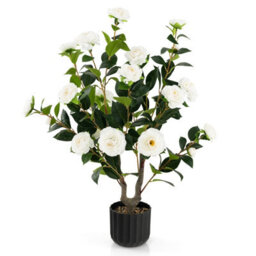Costway Artificial Camellia Tree Faux Flower Plant Artificial Tree In Cement Pot Greenery Potted Plant Free Maintenance - thumbnail 2