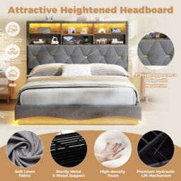 Merax 5Ft King Bed 150X200Cm, Linen Upholstered Bed Frame With Hydraulic Storage, Wavy Led Headboard, Usb & Type-C, Grey - thumbnail 7