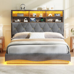 Merax 5Ft King Bed 150X200Cm, Linen Upholstered Bed Frame With Hydraulic Storage, Wavy Led Headboard, Usb & Type-C, Grey - thumbnail 2