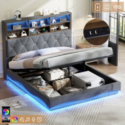 Merax 5Ft King Bed 150X200Cm, Linen Upholstered Bed Frame With Hydraulic Storage, Wavy Led Headboard, Usb & Type-C, Grey - thumbnail 1