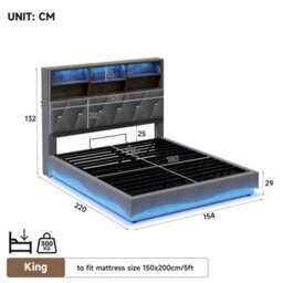 Merax 5Ft King Bed 150X200Cm, Linen Upholstered Bed Frame With Hydraulic Storage, Wavy Led Headboard, Usb & Type-C, Grey - thumbnail 4