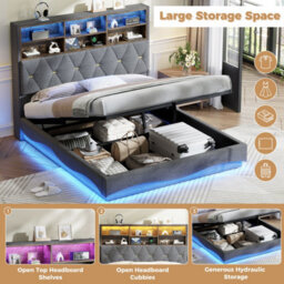 Merax 5Ft King Bed 150X200Cm, Linen Upholstered Bed Frame With Hydraulic Storage, Wavy Led Headboard, Usb & Type-C, Grey - thumbnail 5