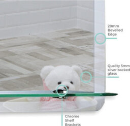Mood Premium Rectangular Bathroom Mirror With Shelf, Wall Mounted, Frameless, Bevelled Edges (50Cm X 40Cm) - thumbnail 4