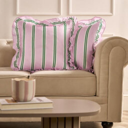 Ohs 2 X Double Stripe Faux Linen Frill Cushion Covers - Pink/green