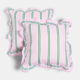 Ohs 2 X Double Stripe Faux Linen Frill Cushion Covers - Pink/green - thumbnail 3