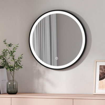 Emke Round Bathroom Led Mirror Backlit Makeup Mirror With Touch, Leather, Dustproof, Anti-Fog, Black 600mm - image 1