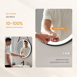 Emke Round Bathroom Led Mirror Backlit Makeup Mirror With Touch, Leather, Dustproof, Anti-Fog, Black 600mm - thumbnail 3
