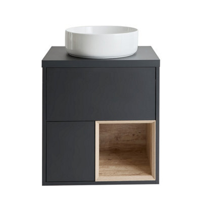 Homestylestore Black Grey 600mm Wall Hung Bathroom Vanity Unit With Round Countertop Basin And Led Lights - image 1
