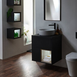 Homestylestore Black Grey 600mm Wall Hung Bathroom Vanity Unit With Round Countertop Basin And Led Lights - thumbnail 3