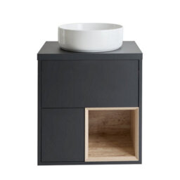 Homestylestore Black Grey 600mm Wall Hung Bathroom Vanity Unit With Round Countertop Basin And Led Lights - thumbnail 1