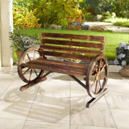 Outsunny 2 Seater Garden Bench W/ Wooden Cart Wagon Wheel Brown - thumbnail 9