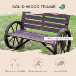 Outsunny 2 Seater Garden Bench W/ Wooden Cart Wagon Wheel Brown - thumbnail 4