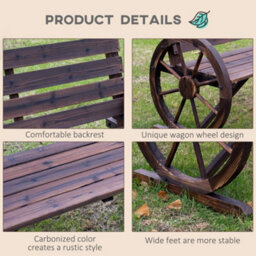 Outsunny 2 Seater Garden Bench W/ Wooden Cart Wagon Wheel Brown - thumbnail 5