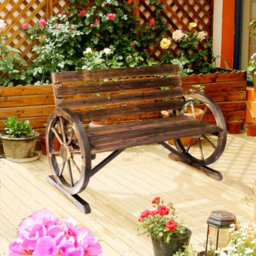 Outsunny 2 Seater Garden Bench W/ Wooden Cart Wagon Wheel Brown - thumbnail 1