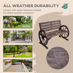 Outsunny 2 Seater Garden Bench W/ Wooden Cart Wagon Wheel Brown - thumbnail 6