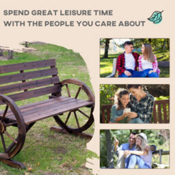 Outsunny 2 Seater Garden Bench W/ Wooden Cart Wagon Wheel Brown - thumbnail 7