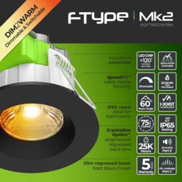 Luceco Ftype Mk2 Matt Black Fixed Led Fire-Rated Warm White Downlight 6W Ip65 - thumbnail 5
