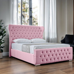 UKBEDFURNITURE Isabella Pink Slatted Base Upholstered Bed Frame Only - 48 Inch Headboard - thumbnail 1