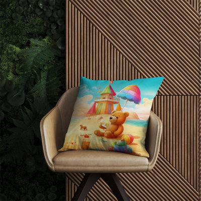Warren Reed Designer Bear On A Beach Holiday Outdoor Cushion 60Cm X 60Cm