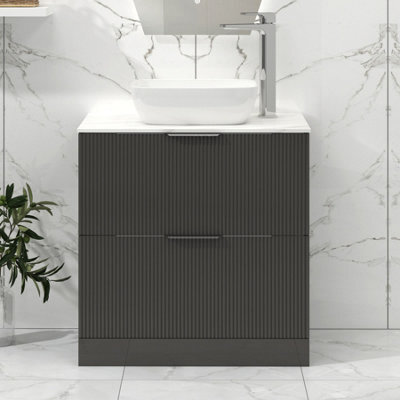 Royal Bathrooms Lyon 800mm Gloss Anthracite Fluted Floor Standing Vanity Unit 2 Drawer With Countertop Basin - Elva - image 1