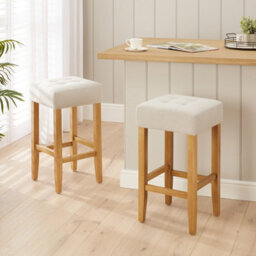 The Furniture Market Toft Natural Linen Fabric Kitchen Counter Bar Stool 68Cm Seat Height Tufted Cushion Natural Oak Colour Hardwood Legs - thumbnail 2