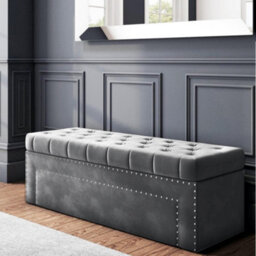 180Cm Duke Upholstered Tufted Plush Velvet Ottoman Storage Box, Steel Grey End Of Bed Blanket & Shoe Bench With Hinged Lid