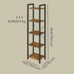 Ledrem 5-Tier Storage Shelf, Freestanding Bookcase For Home Office, Living Room, Industrial, Brown And Black - thumbnail 5