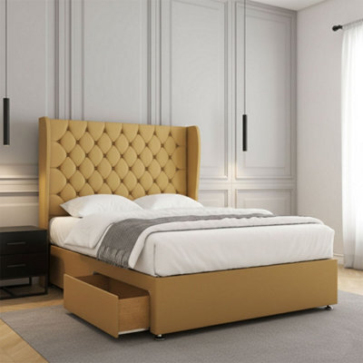 REGIONAL FURNISHINGS Mustard Plush Velvet Luxury Divan Bed Set With 54Inch Headboard 2Drawersfootend & Mattress In Double King 4Ft 6Ft Sizes - image 1