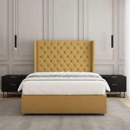 REGIONAL FURNISHINGS Mustard Plush Velvet Luxury Divan Bed Set With 54Inch Headboard 2Drawersfootend & Mattress In Double King 4Ft 6Ft Sizes - thumbnail 2