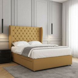 REGIONAL FURNISHINGS Mustard Plush Velvet Luxury Divan Bed Set With 54Inch Headboard 2Drawersfootend & Mattress In Double King 4Ft 6Ft Sizes - thumbnail 3