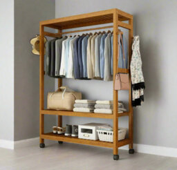 Modcraft Heavy Duty Wooden Clothes Stand Garment For Open Wardrobe With Wheels - thumbnail 2