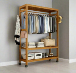 Modcraft Heavy Duty Wooden Clothes Stand Garment For Open Wardrobe With Wheels