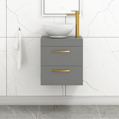 Royal Bathrooms 500mm Wall Hung Vanity Unit 2 Drawer Indigo Grey Gloss & Breeze Countertop Basin With Brushed Brass Handle - image 1