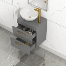 Royal Bathrooms 500mm Wall Hung Vanity Unit 2 Drawer Indigo Grey Gloss & Breeze Countertop Basin With Brushed Brass Handle - thumbnail 3